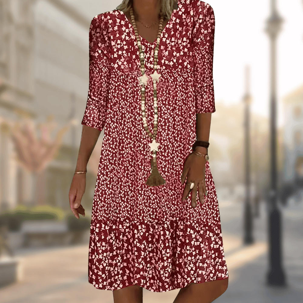 Boho Floral Print Dress | V-Neck | 3/4 Sleeve