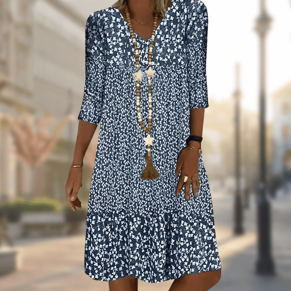 Boho Floral Print Dress | V-Neck | 3/4 Sleeve