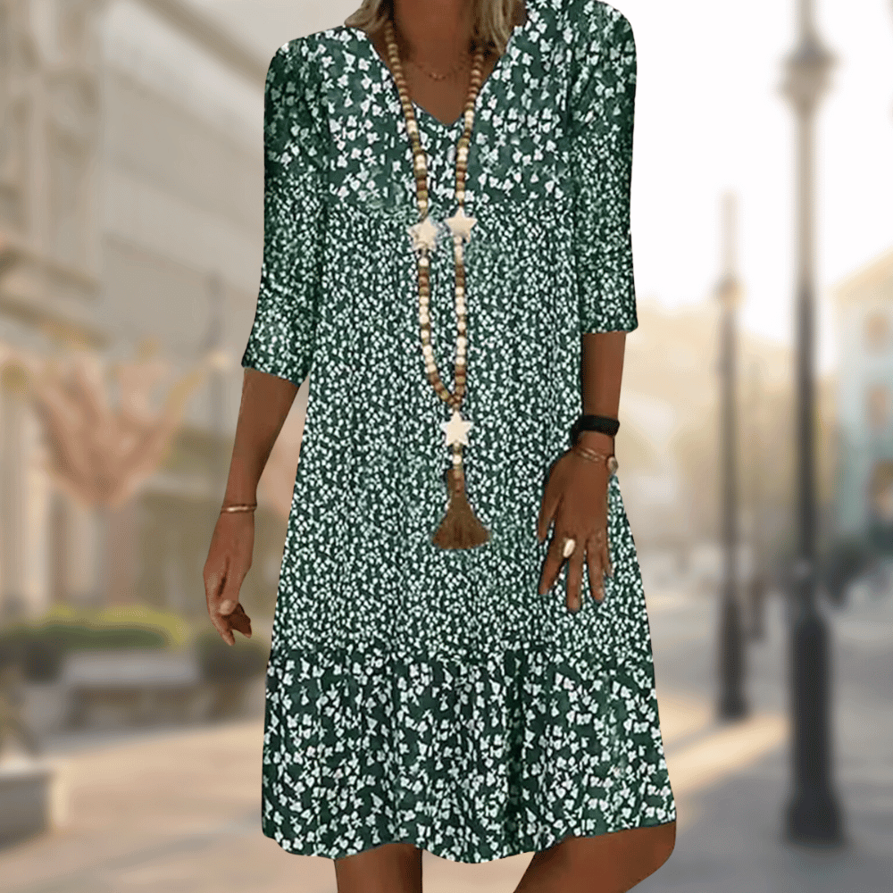 Boho Floral Print Dress | V-Neck | 3/4 Sleeve