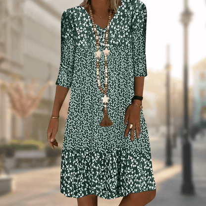 Boho Floral Print Dress | V-Neck | 3/4 Sleeve