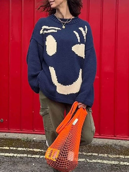 Oversized Knit Sweater | Abstract Face Embroidery | Art-Inspired Statement Pullover