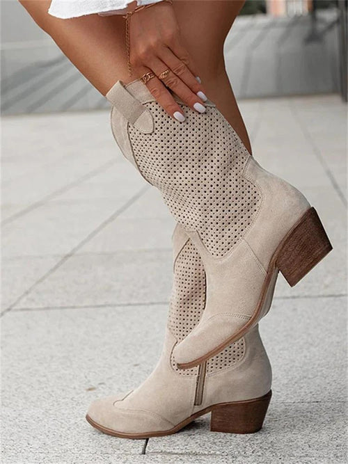 Perforated Western Ankle Boots | Suede | Block Heel | Casual Chic