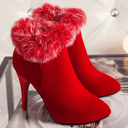 Faux Fur Trim Stiletto Ankle Boots | Elegant & Warm | Suede Finish | Winter Chic