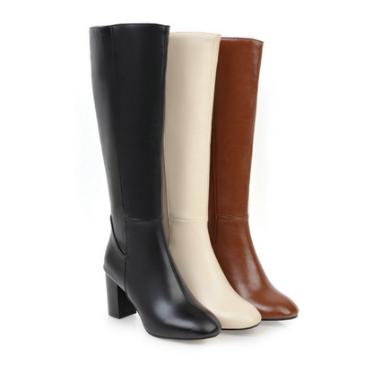 Tall Block Heel Boots | Sleek Zip-Up Design | Faux Leather Knee-High