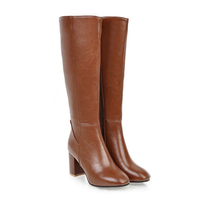 Tall Block Heel Boots | Sleek Zip-Up Design | Faux Leather Knee-High
