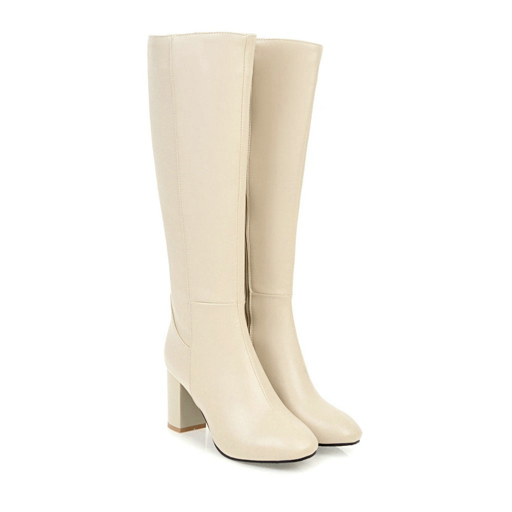Tall Block Heel Boots | Sleek Zip-Up Design | Faux Leather Knee-High