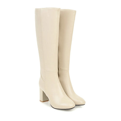 Tall Block Heel Boots | Sleek Zip-Up Design | Faux Leather Knee-High