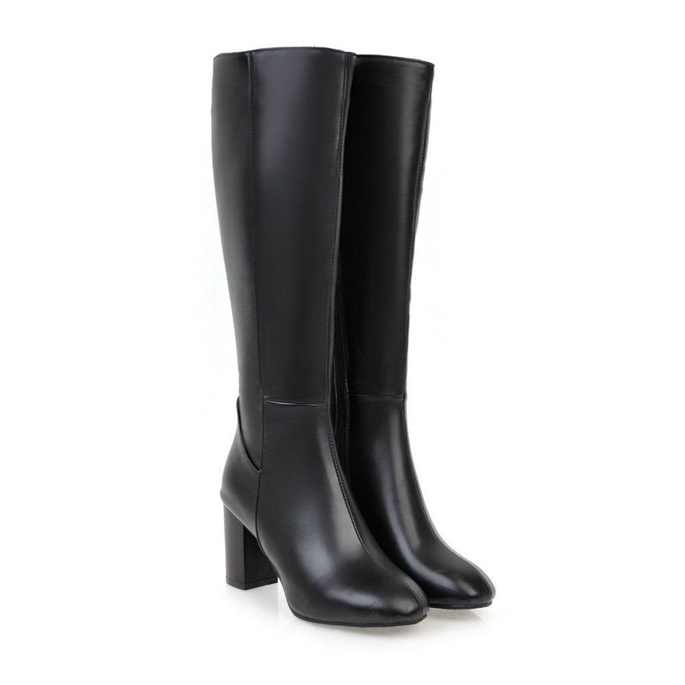 Tall Block Heel Boots | Sleek Zip-Up Design | Faux Leather Knee-High