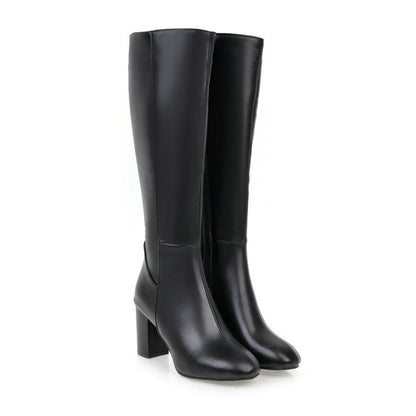 Tall Block Heel Boots | Sleek Zip-Up Design | Faux Leather Knee-High