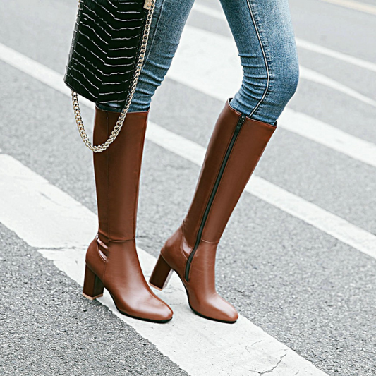 Tall Block Heel Boots | Sleek Zip-Up Design | Faux Leather Knee-High