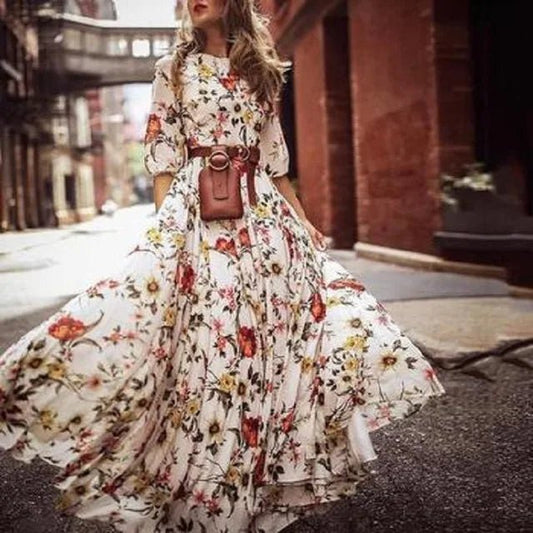 Floral Chiffon Maxi Dress | Cinched Waist | Flowy Silhouette