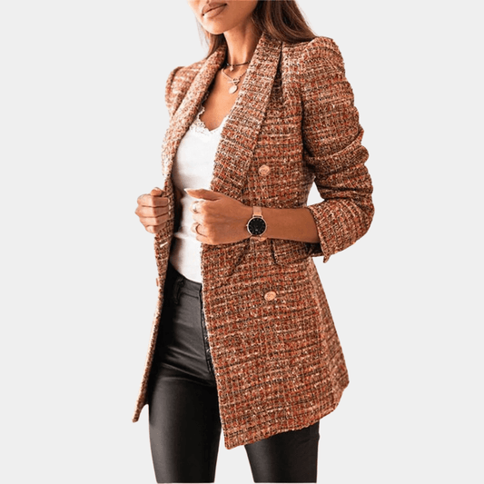 Textured Longline Blazer | Double-Breasted Fit with Gold-Tone Buttons