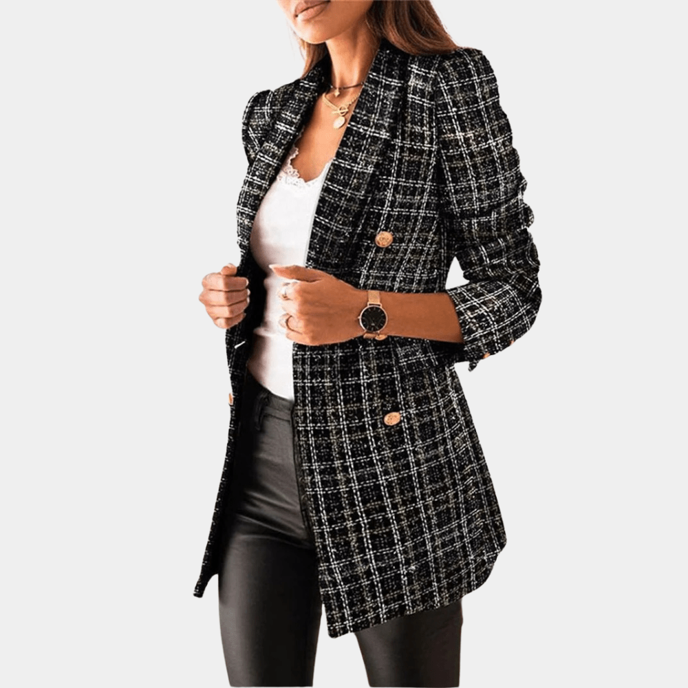Textured Longline Blazer | Double-Breasted Fit with Gold-Tone Buttons