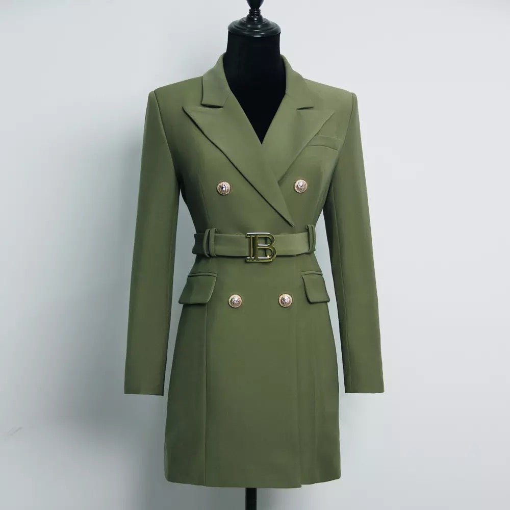 Belted Double-Breasted Blazer Dress | Gold Button Accents | Tailored Elegance | Versatile Style