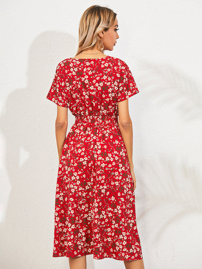 Floral V-Neck Midi Dress | Lightweight Summer Style | Cinched Waist