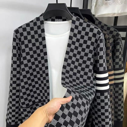 Men’s Checkered Knit Cardigan | Open Front Casual Sweater | Lightweight Streetwear Layer