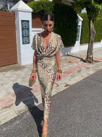 Metallic Animal Print Midi Dress | Twist Front | Short Sleeve Silhouette