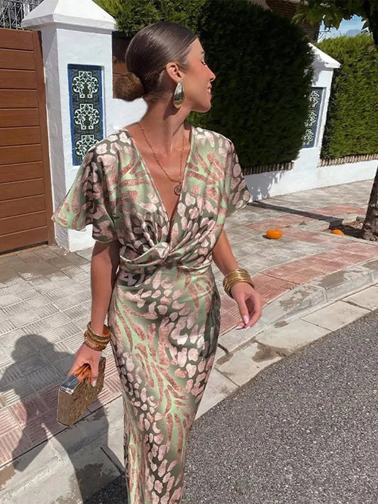 Metallic Animal Print Midi Dress | Twist Front | Short Sleeve Silhouette