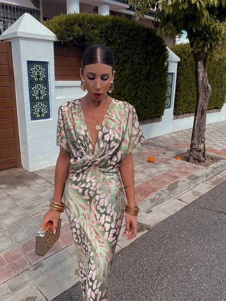 Metallic Animal Print Midi Dress | Twist Front | Short Sleeve Silhouette