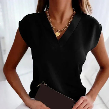 V-Neck Cap Sleeve Blouse | Sleek Minimalist Design | Lightweight Draped Fit
