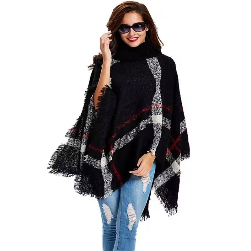 Women's Plaid Turtleneck Poncho | Soft Knit | Cozy & Stylish Layer