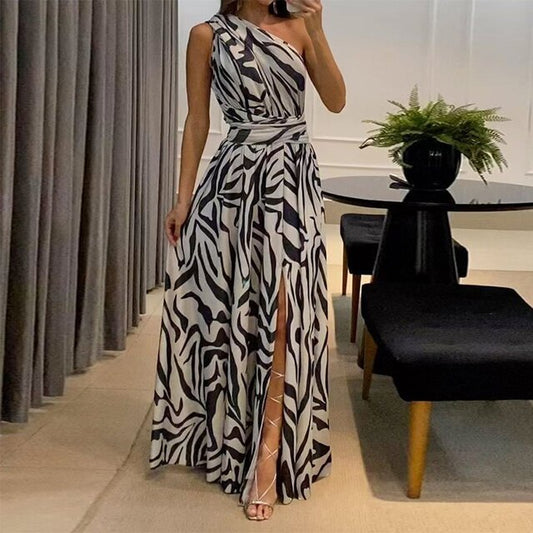 One-Shoulder Zebra Print Dress | Draped Waist Detail | Bold Monochrome Statement Look