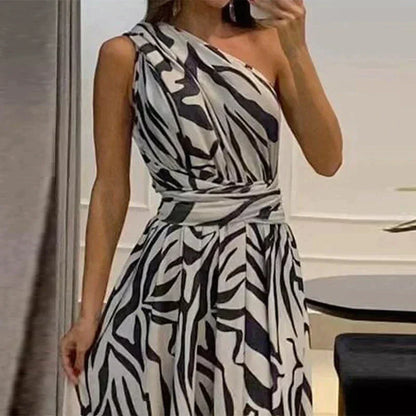 One-Shoulder Zebra Print Dress | Draped Waist Detail | Bold Monochrome Statement Look
