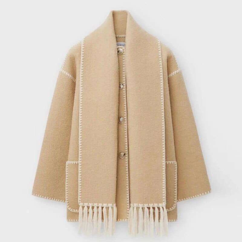 Draped Wool-Blend Coat with Scarf Detail | Oversized Fit | Fringe Hem | Modern Elegance