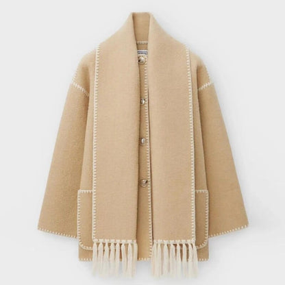 Draped Wool-Blend Coat with Scarf Detail | Oversized Fit | Fringe Hem | Modern Elegance