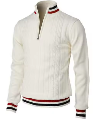 Cable Knit Quarter-Zip Sweater | Retro Stripe Trim | Midweight Cotton Blend