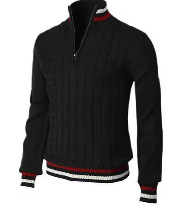 Cable Knit Quarter-Zip Sweater | Retro Stripe Trim | Midweight Cotton Blend
