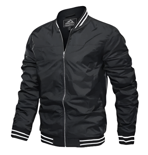 Men’s Lightweight Varsity Bomber Jacket | Striped Ribbed Trim | Casual Spring Layer