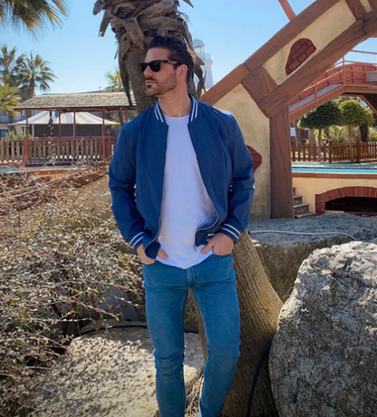 Men’s Lightweight Varsity Bomber Jacket | Striped Ribbed Trim | Casual Spring Layer