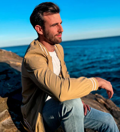 Men’s Lightweight Varsity Bomber Jacket | Striped Ribbed Trim | Casual Spring Layer