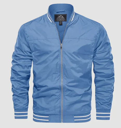 Men’s Lightweight Varsity Bomber Jacket | Striped Ribbed Trim | Casual Spring Layer
