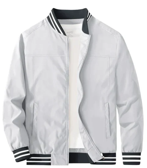 Men’s Lightweight Varsity Bomber Jacket | Striped Ribbed Trim | Casual Spring Layer