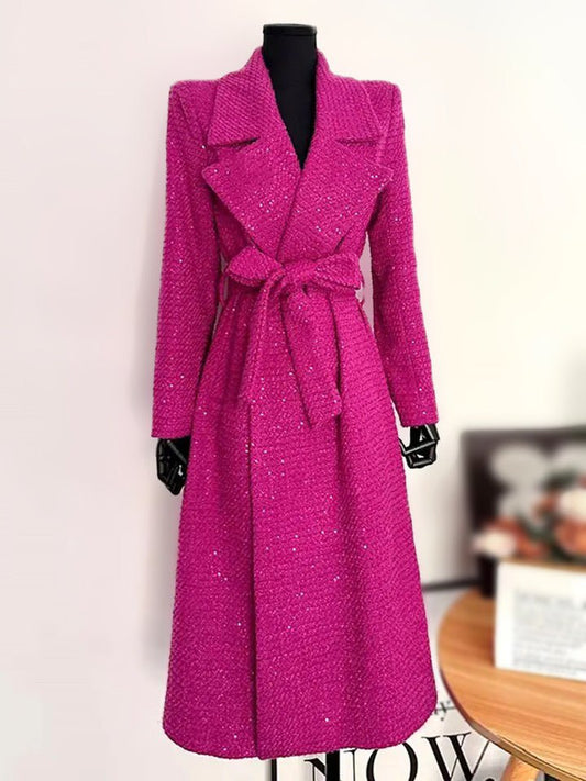 Belted Wool-Blend Coat | Longline Design | Vibrant Pink | Elegant Outerwear
