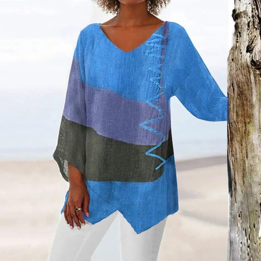 V-Neck Colourblock Tunic Top | Lightweight Linen Blend | Asymmetrical Hem