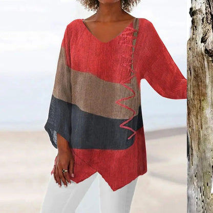 V-Neck Colourblock Tunic Top | Lightweight Linen Blend | Asymmetrical Hem