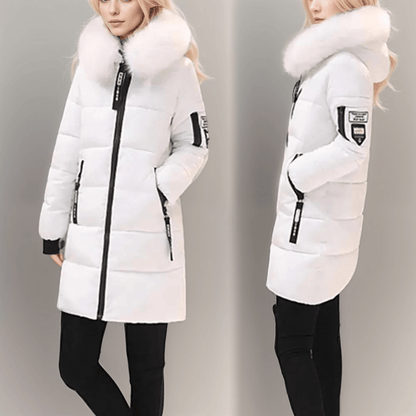 Sporty Winter Puffer Jacket with Faux Fur Collar | White | Cotton Blend