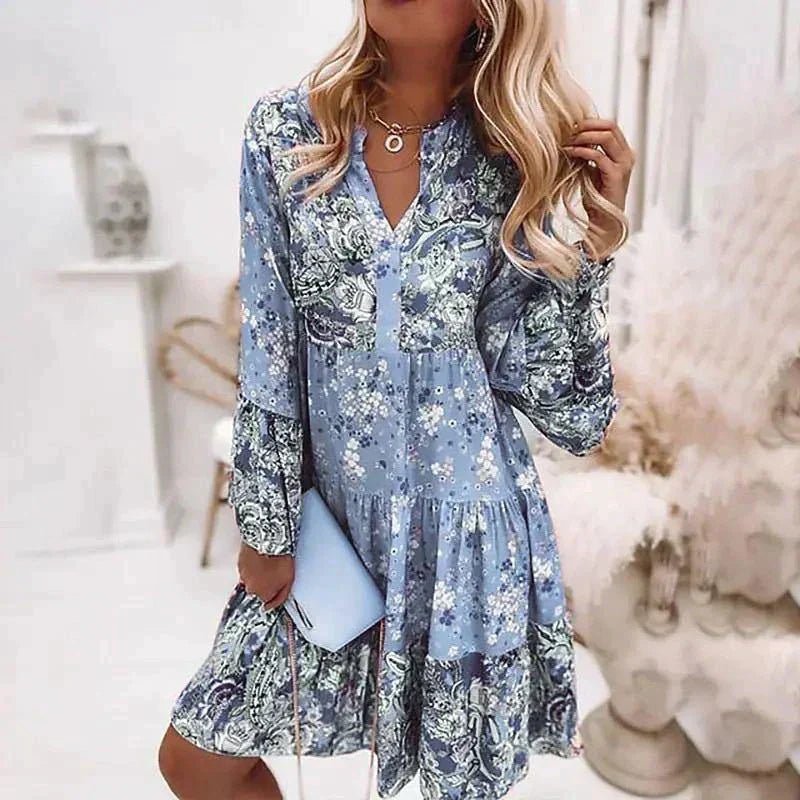 Floral Tiered Mini Dress | V-Neck with Long Sleeves | Lightweight Spring Fit