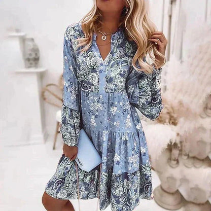 Floral Tiered Mini Dress | V-Neck with Long Sleeves | Lightweight Spring Fit