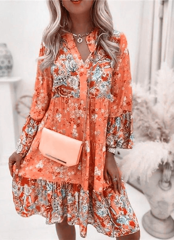 Floral Tiered Mini Dress | V-Neck with Long Sleeves | Lightweight Spring Fit