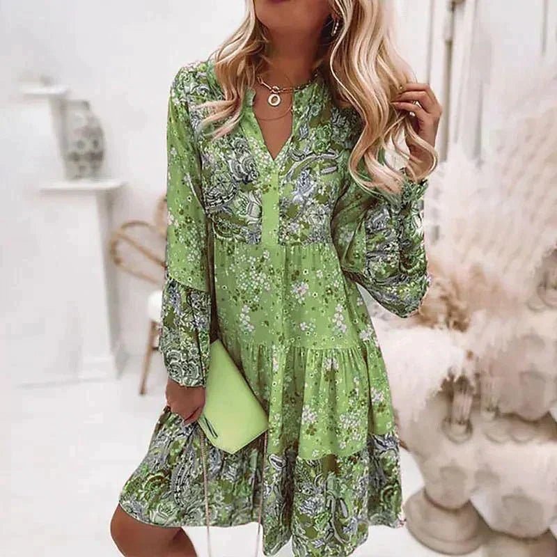 Floral Tiered Mini Dress | V-Neck with Long Sleeves | Lightweight Spring Fit