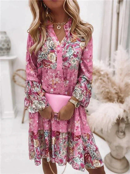 Floral Tiered Mini Dress | V-Neck with Long Sleeves | Lightweight Spring Fit