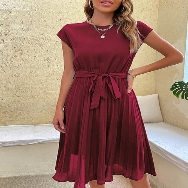 Cap Sleeve Pleated Midi Dress | Tie Waist Detail | Lightweight Summer Style
