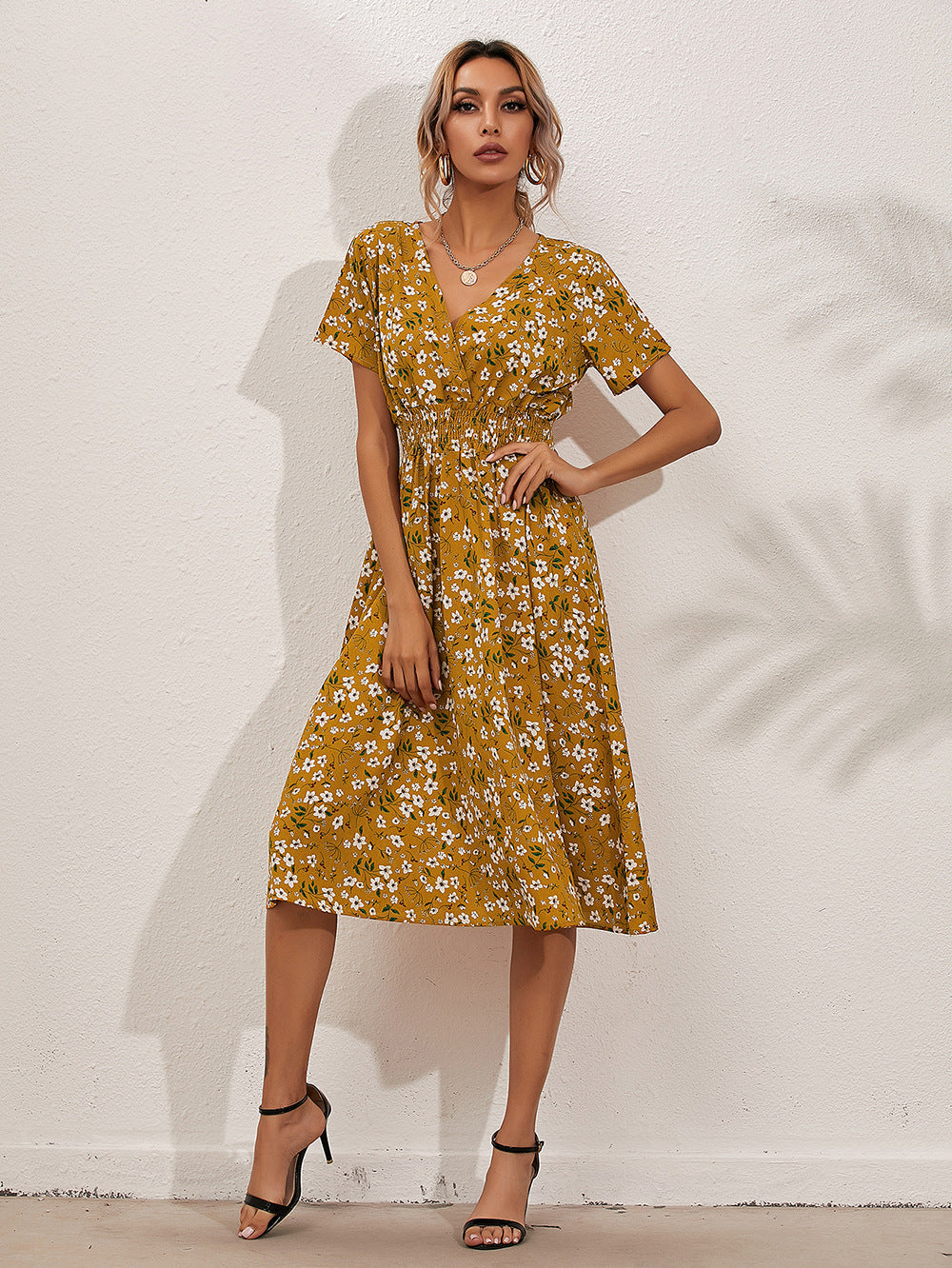 Floral V-Neck Midi Dress | Lightweight Summer Style | Cinched Waist