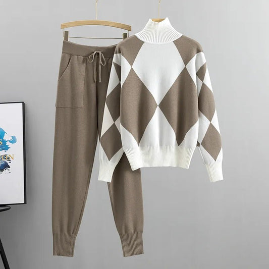 Argyle Knit Loungewear Set | Soft Turtleneck Sweater & Tapered Knit Pants