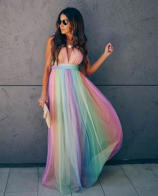 Rainbow Tulle Maxi Dress | Spaghetti Straps | Gradient Party Gown