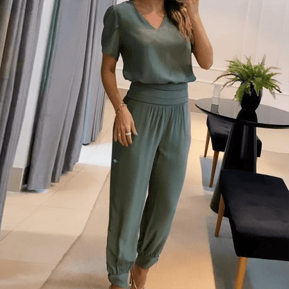 Relaxed Fit V-Neck Jumpsuit | Short Sleeve Design | Lightweight Comfort | Everyday Chic